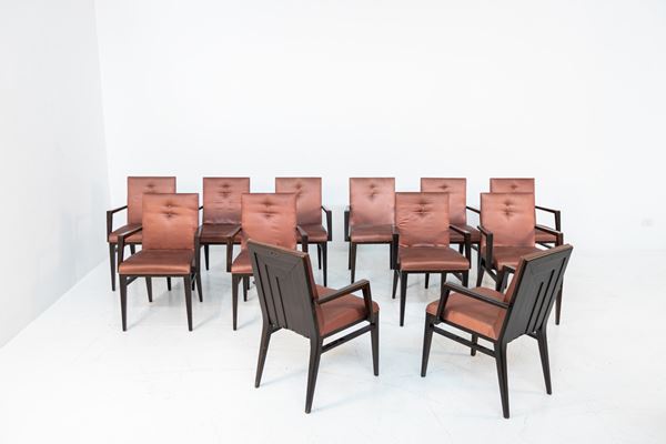Set of Twelve Italian Chairs for Naval Furnishings in Wood and Pink Satin