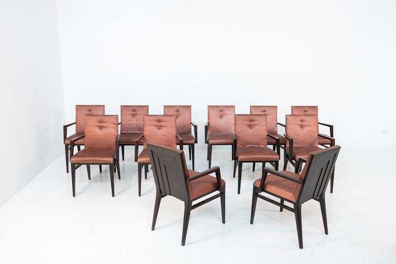 Set of Twelve Italian Chairs for Naval Furnishings in Wood and Pink Satin