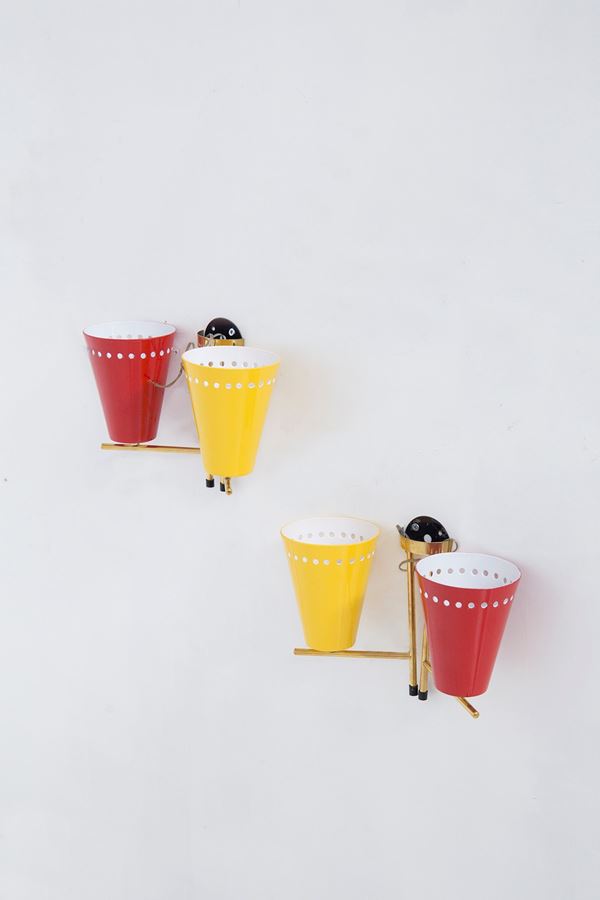 Pair of brass and enamel wall sconces