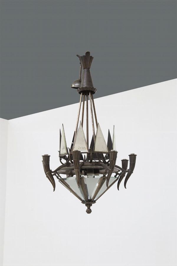 Tomaso Buzzi - Patinated Bronze Chandelier Attr. to Tomaso Buzzi