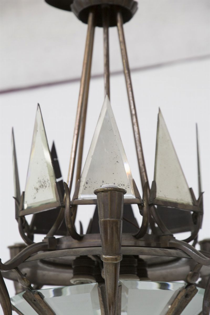 Lampadario in Bronzo Patinato Attr. a Tomaso Buzzi