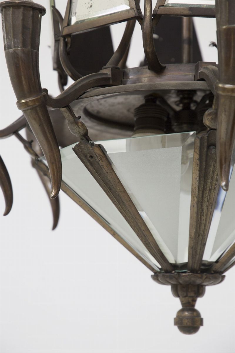 Lampadario in Bronzo Patinato Attr. a Tomaso Buzzi