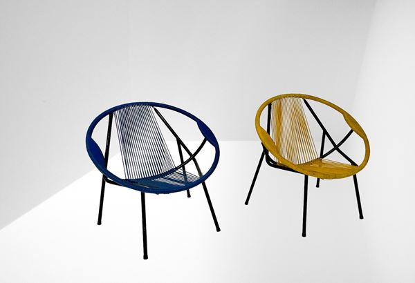 Pair of round metal garden armchairs