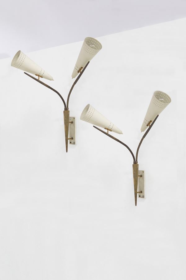 Pair of wall sconces by Girardi and Barzaghi in brass and painted aluminum