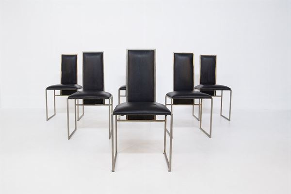 Romeo Rega Set of Six Dining Chair in Black Leather and Steel