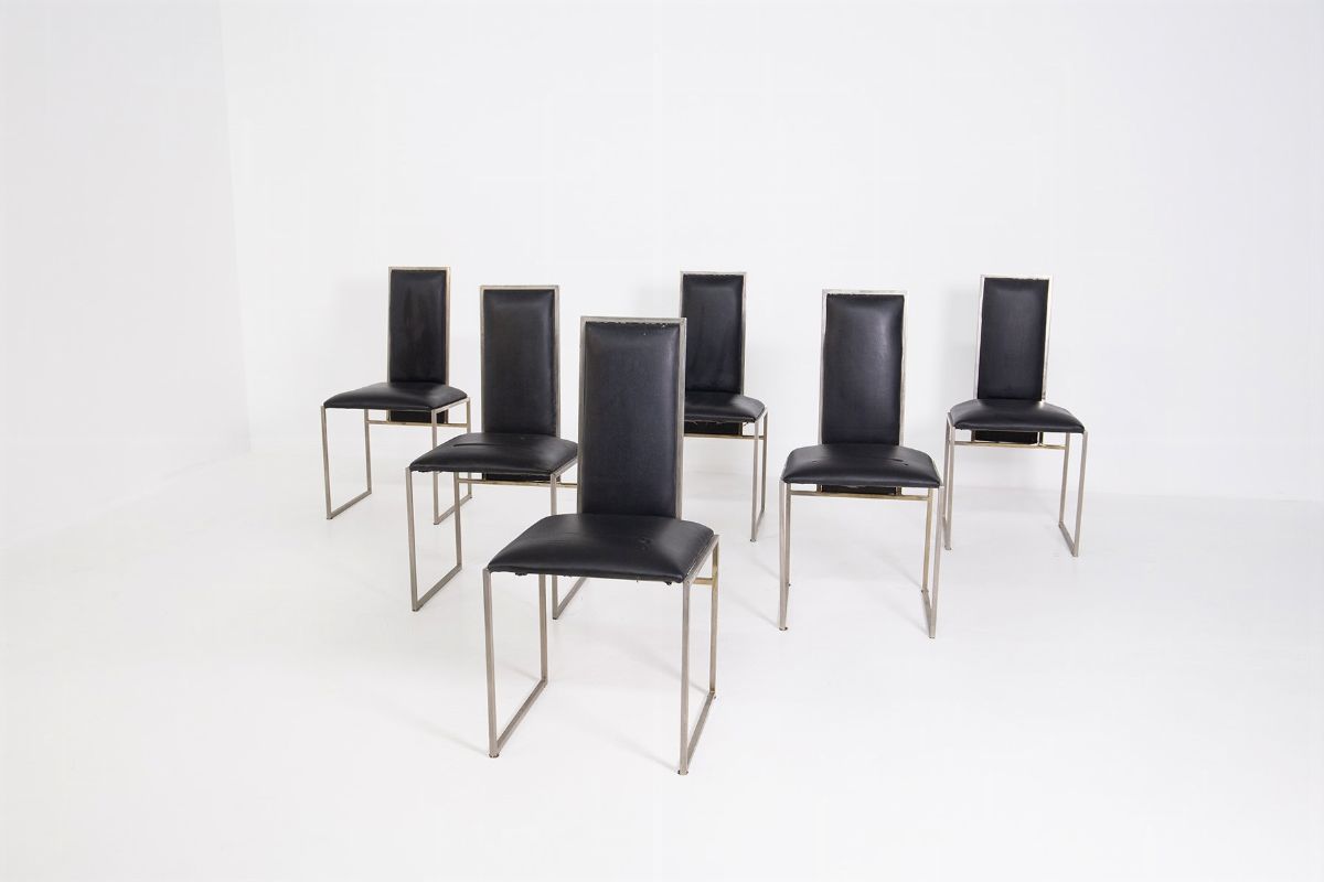 Romeo Rega Set of Six Dining Chair in Black Leather and Steel