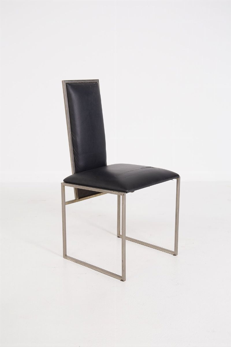 Romeo Rega Set of Six Dining Chair in Black Leather and Steel