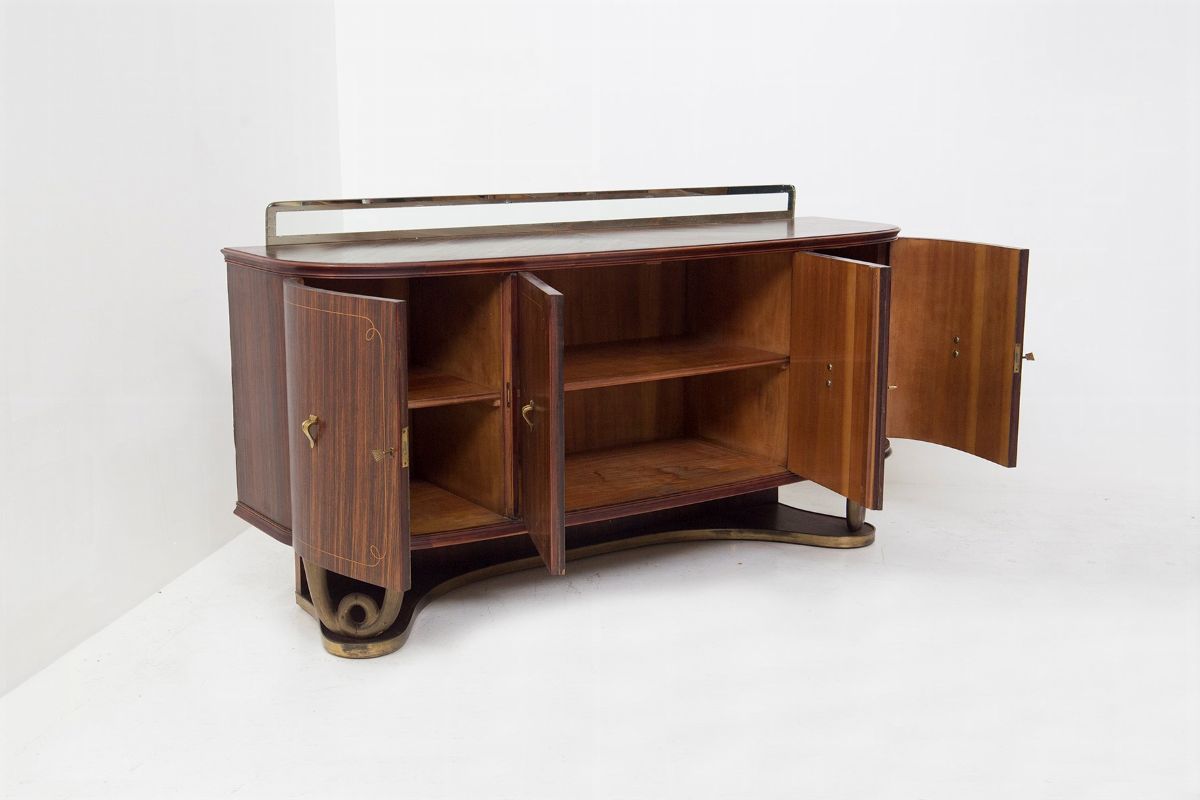 Credenza di Paolo Buffa in Ottone, Legno e Vetro