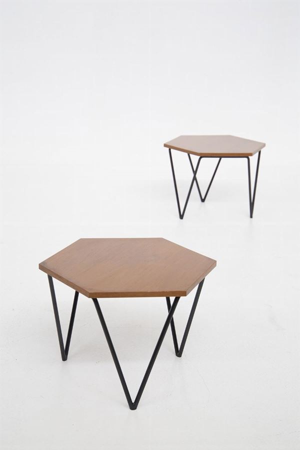 Pair of Hexagonal Coffee Tables in Wood by Isa Bergamo, Original Label