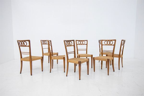 Paolo Buffa Attr. Set of Eight Chairs in Walnut Wood and Straw, 1950s