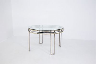 Italian Dining Table By Romeo Rega in Brass, Steel And Art Glass