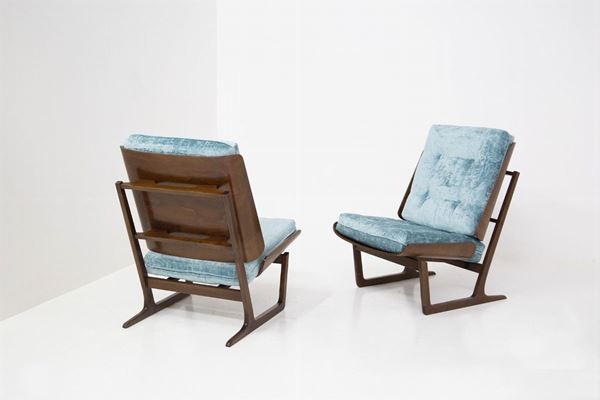 Pair of American Armchairs in Wood and Blue Light Velvet
