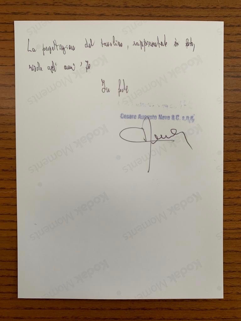 Tavolino da Caffè di Cesare Augusto Nava, Certificato
