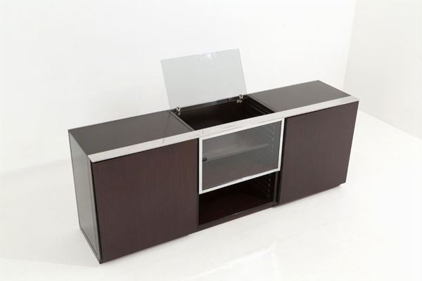 Sideboard da centro in legno, acciaio cromato e vetro
