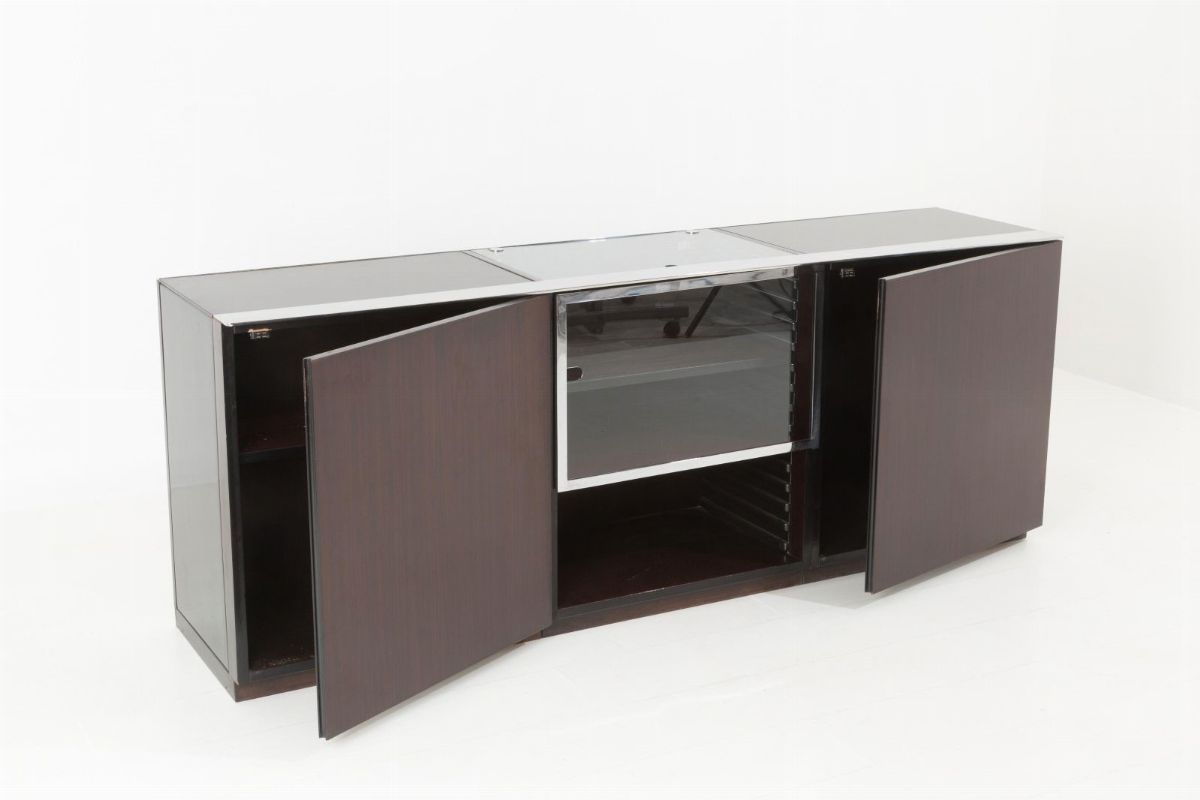 Sideboard da centro in legno, acciaio cromato e vetro