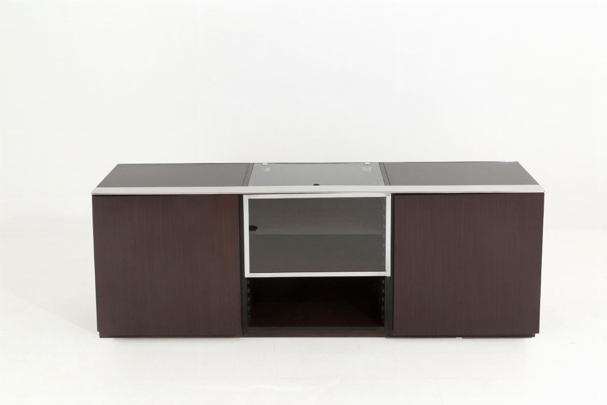 Sideboard da centro in legno, acciaio cromato e vetro