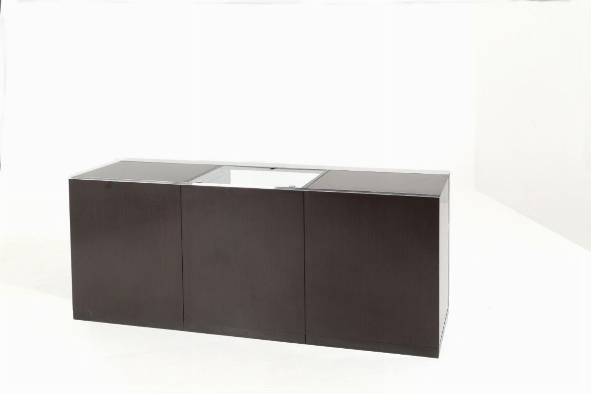 Sideboard da centro in legno, acciaio cromato e vetro