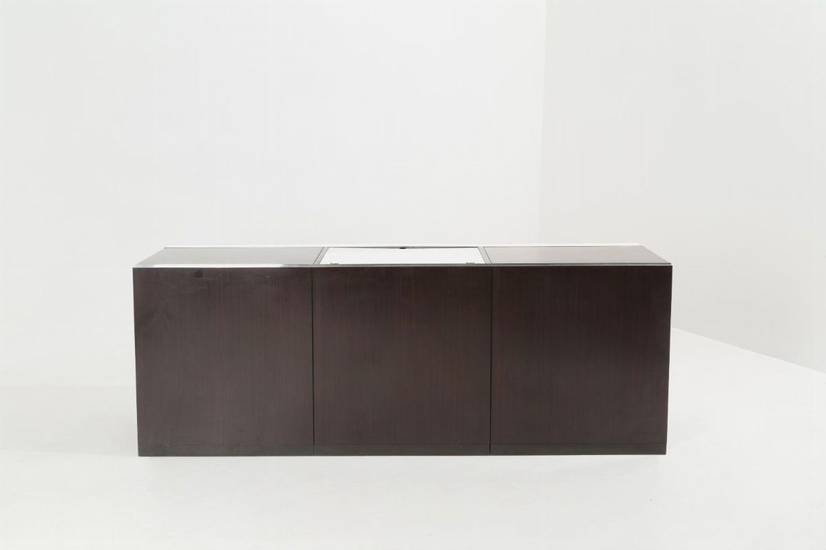 Sideboard da centro in legno, acciaio cromato e vetro