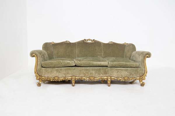 Manifattura Italiana - Vintage Italian Sofa in Gilded Wood and Green Velvet