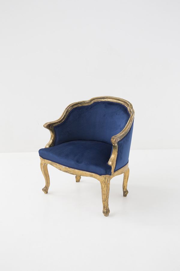 Manifattura Italiana - Vintage Armchair in Gilt Wood and Blue Velvet