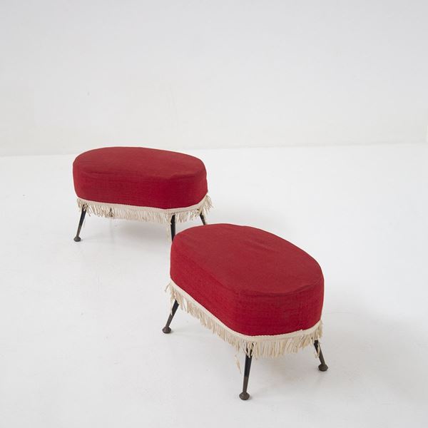 Manifattura Italiana - Coppia di pouf italiani in velluto rosso