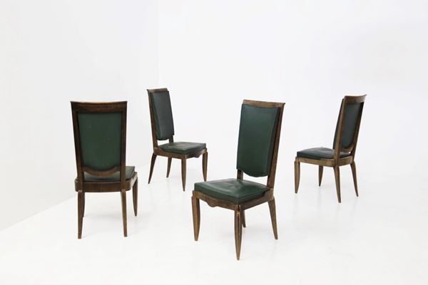 Jean  Lelou - jean Lelou chairs in wood and green leather, attr.