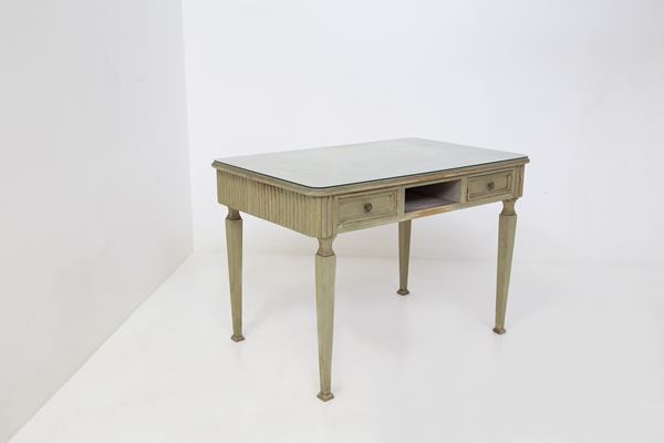 Manifattura francese - Scrivania rustica francese in vetro, legno e ottone