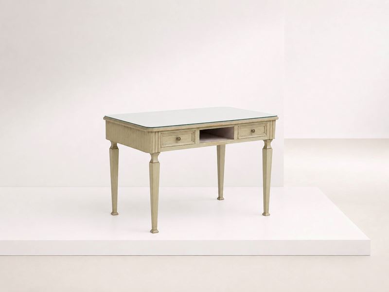 Manifattura Francese - Scrivania rustica, legno con piano in vetro