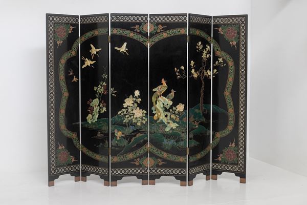 Chinese Lacquered Wood Screen with Inlaid Stones