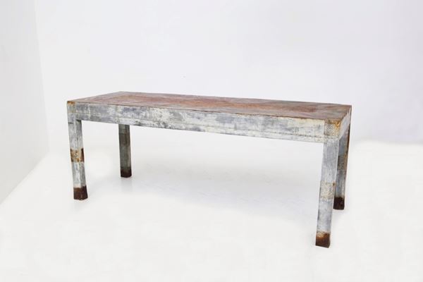 Manifattura Italiana - Vintage Wooden Table with Riveted Sheet Metal Covering
