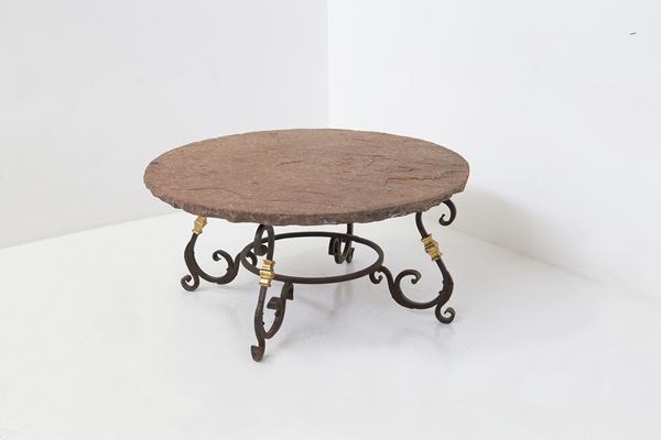 Raymond Subes - Raymond Subes Gilded iron and gold leaf coffee table with stone top