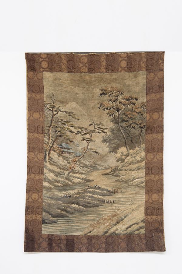 Arazzo antico giapponese in seta e cotone