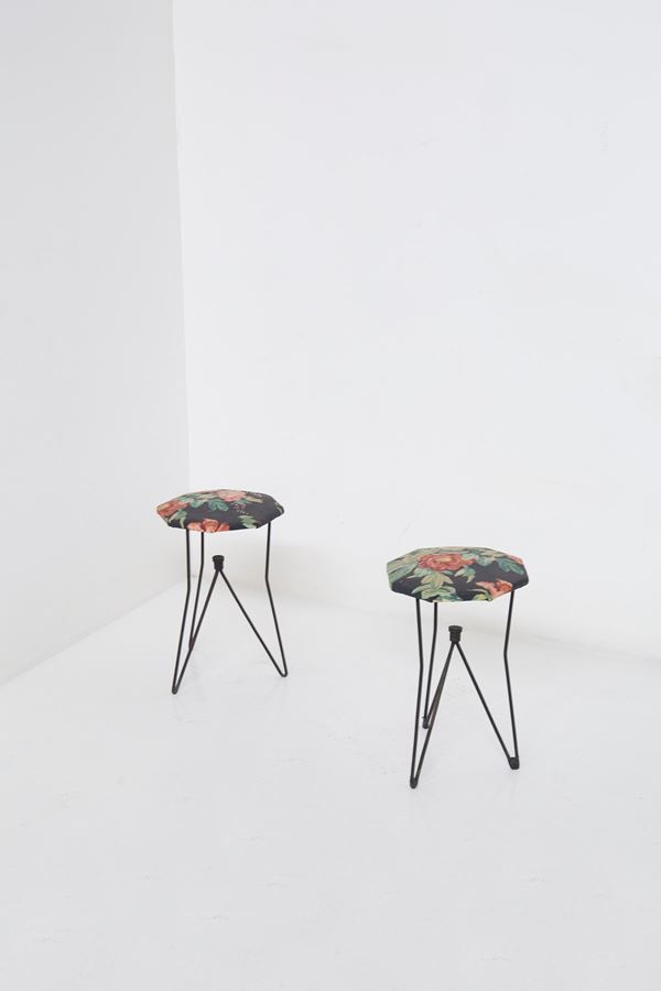 Gio Ponti - Vintage Metal and Floral Fabric Stools for Rima att. Gio Ponti