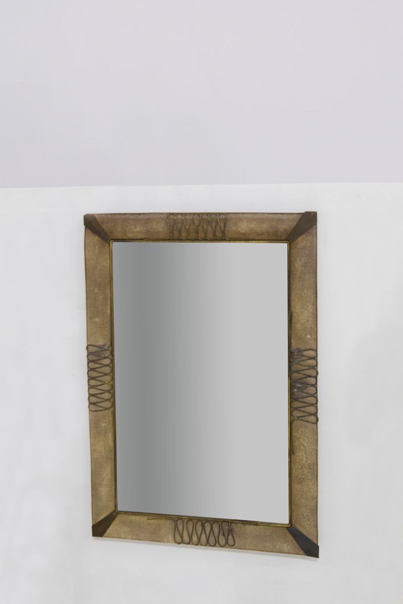 Specchio Vintage Paolo Buffa in Bronzo e Rete di Ferro