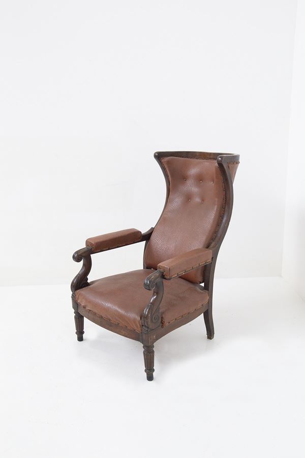 Manifattura francese - French Antique Armchair in Original Wood and Leather