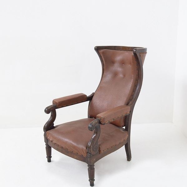 Manifattura francese - French Antique Armchair in Original Wood and Leather