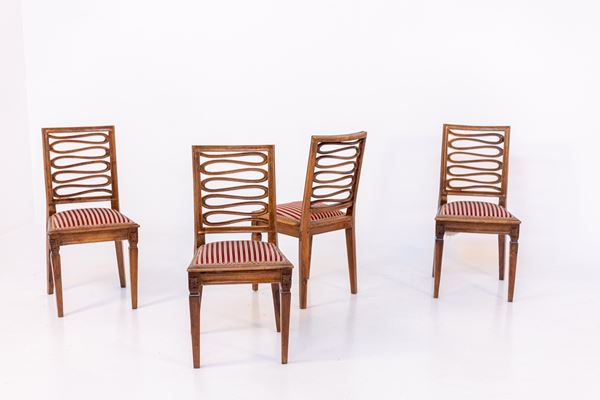 Set of four Louis XVI wood and silk chairs