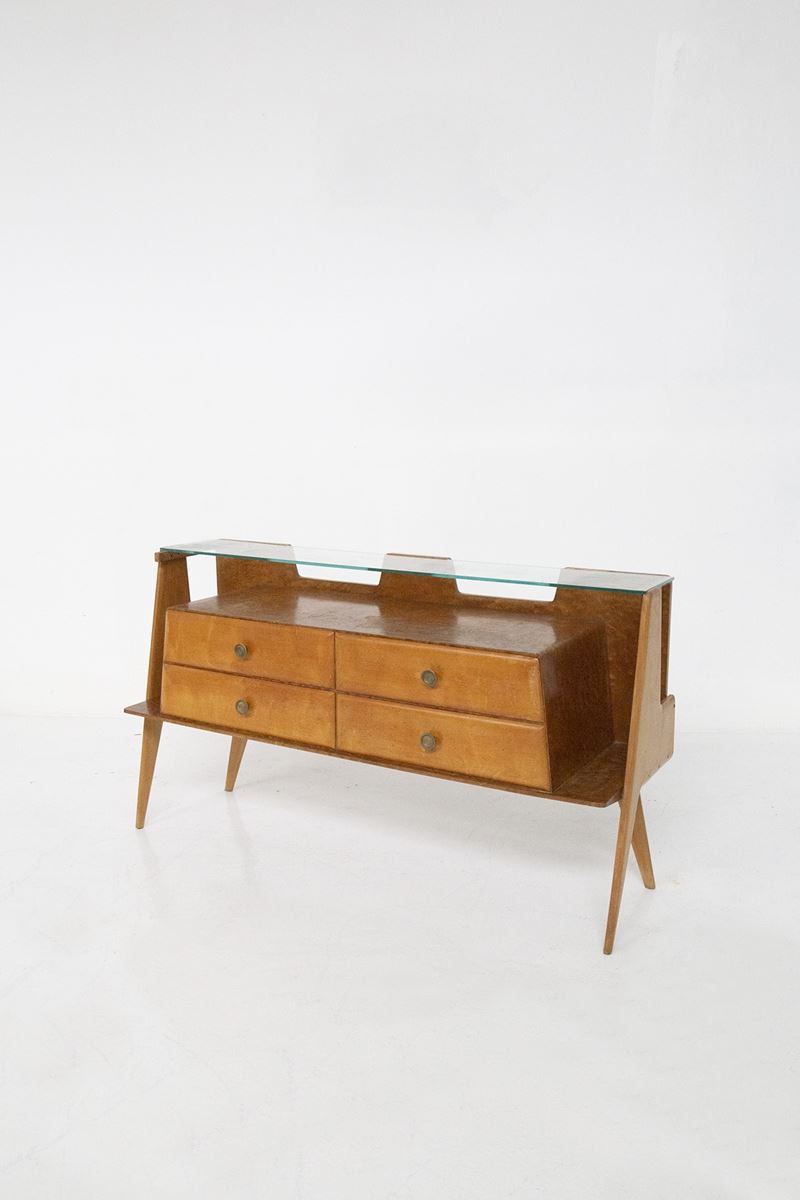 Credenza Italiana Vintage in Legno, Ottone e Vetro