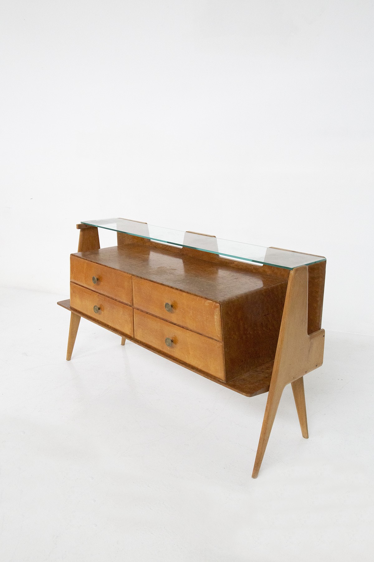 Credenza Italiana Vintage in Legno, Ottone e Vetro