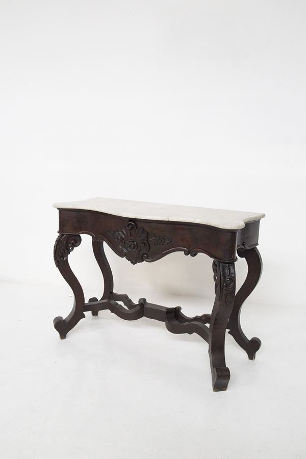Antica console italiana in legno di noce e marmo