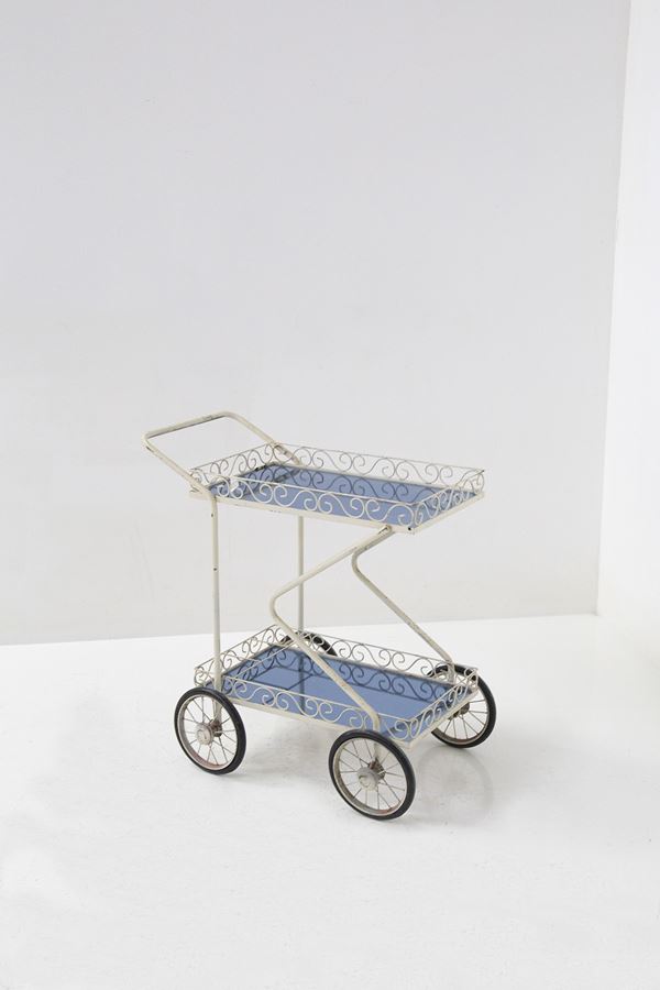 Painted Iron and Blue Glass Trolley attr. to Fontana Arte