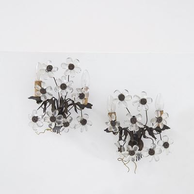 Coppia di Lampadari Floreali in Ottone e Cristallo