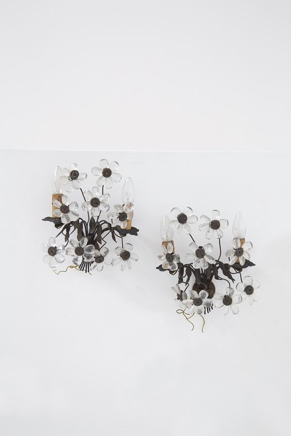 Pair Floral Sconces in Brass and Crystal