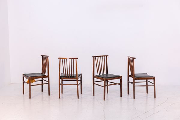 Set of American Leather and Wood Chairs