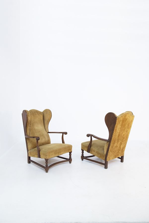 Manifattura Inglese - Pair of velvet armchairs