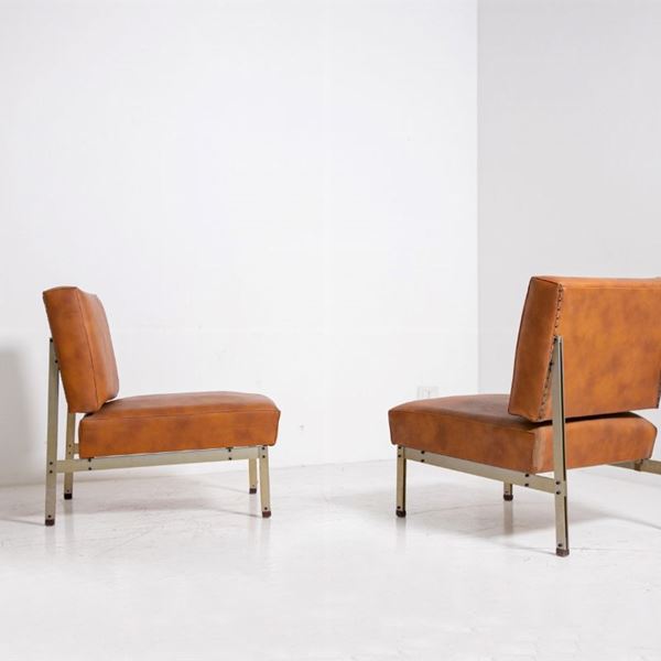 Manifattura Italiana - Armchairs in the style of Florence Knoll in brown leather