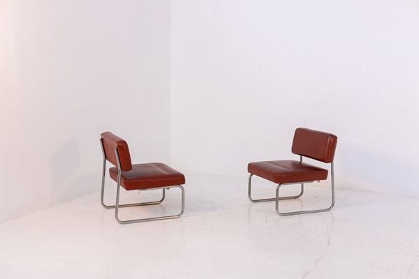 Pair of Vintage Armchairs in Iron and Red Faux Leather