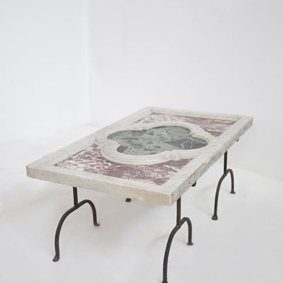 Tavolo da Salotto D'epoca in Vari Marmi e Ferro