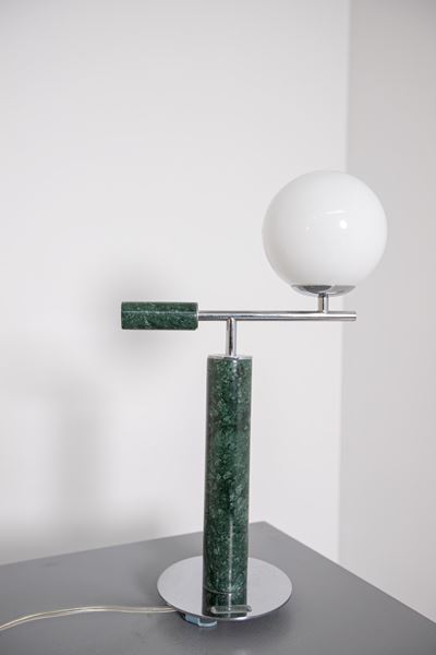 Lampada da Tavolo Italiana in Marmo Verde e Acciaio