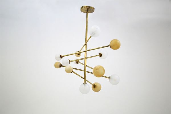 Lampadario da soffitto italiano in vetro e ottone